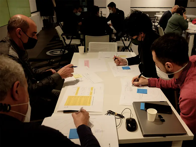 Imagen de una de las mesas de trabajo utilizando los recursos diseñados para la sesión de trabajo